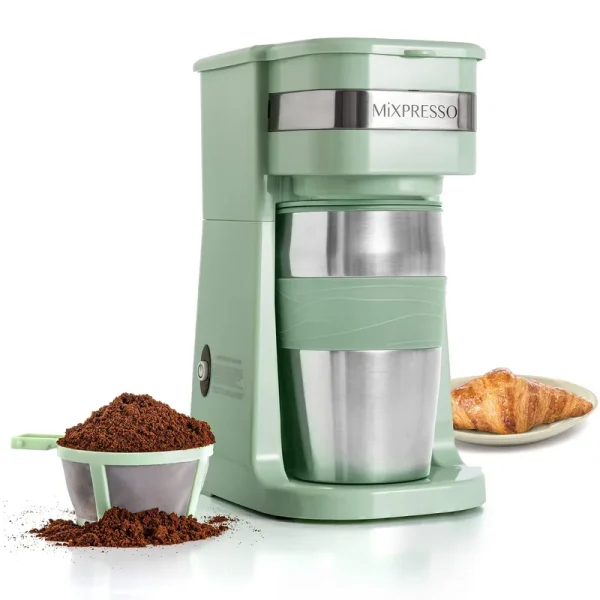 Mixpresso Single Cup Coffee Maker & 14oz Travel Mug, Lightweight Personal Drip Coffee Brewer & Tumbler, Auto Off Function & Reusable Filter, Green