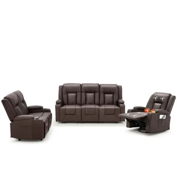 AECOJOY 3 PCS Leather Recliner Sofa Set with Swivel Massage Chair, Brown