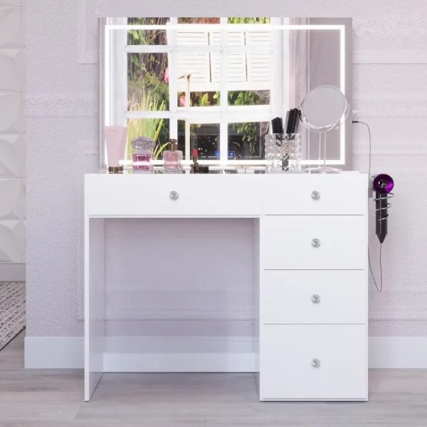 Boahaus Alana White Vanity Desk with LED Lighted Mirror, 5 Drawers, Jewelry Divider, Bluetooth Speakers, and Charging Station