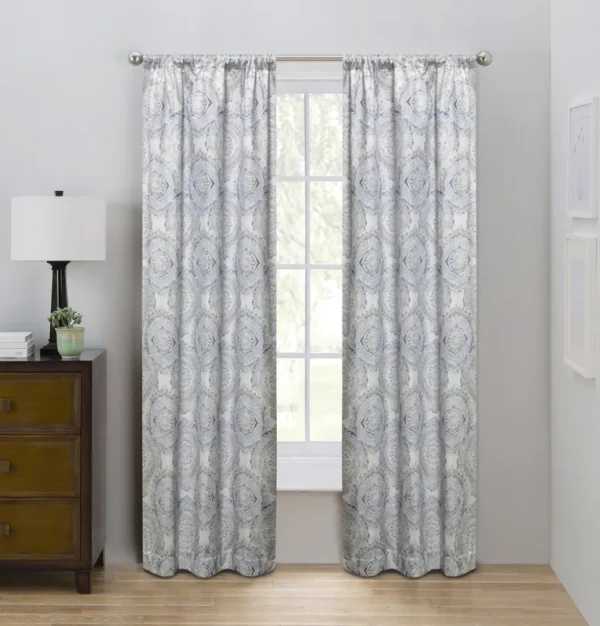 Eclipse Draft Stopper Medallion Print Room Darkening Fleece Lined Rod Pocket Single Curtain Panel, Blue, 42 x 84