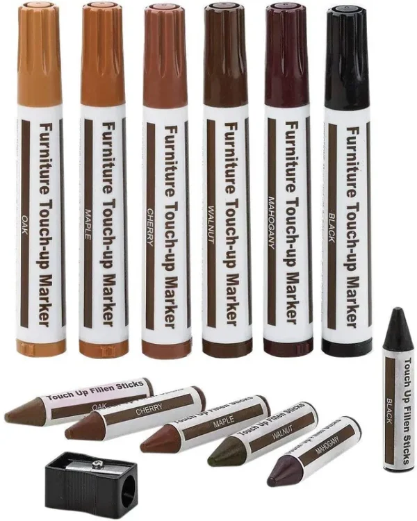Furniture Repair Kit Wood Markers - Set of 13 - Markers and Wax Sticks with Sharpener Kit for Stains Scratches Wood Floors Tables Desks
