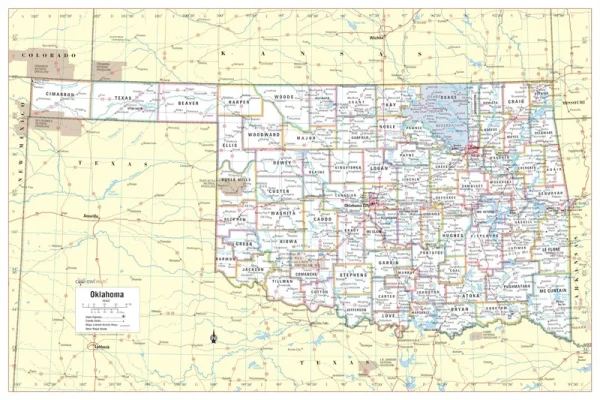 Cool Owl Maps Oklahoma State Wall Map Poster Rolled 36"Wx24"H (Laminated)
