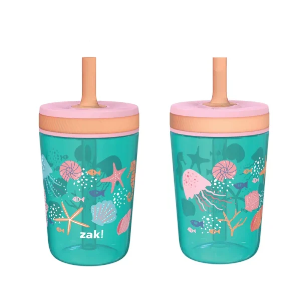 Zak Designs 15 oz Travel Straw Tumbler Plastic and Silicone with Leak-Proof Straw Valve for Kids, 2-Pack Shells, Size: 15 fl oz, Green
