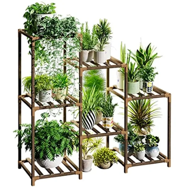 Bamworld Plant Stand Indoor Plant Stands Wood Outdoor Tiered Plant Shelf for Multiple Plants, 3 Tiers 7 Potted Ladder Plant Holder Table PLA