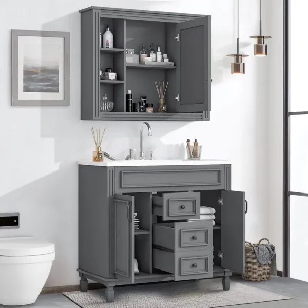 36" Bathroom Vanity Set with Resin Sink and Wall Mounted Mirror Cabinet, Modern Freestanding Single Cabinet Combo with Storage Shelves & 2 Drawers & 2 Soft Closing Doors, Vintage Handles, Gray