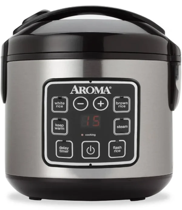 Aroma Digital Rice Cooker and Food Steamer, Silver, 8 Cup