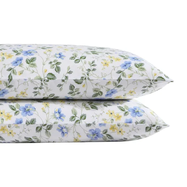 Laura Ashley Meadow Floral Blue 300-Thread Count Cotton Sateen Sheet Set - Standard Pillowcase Pair