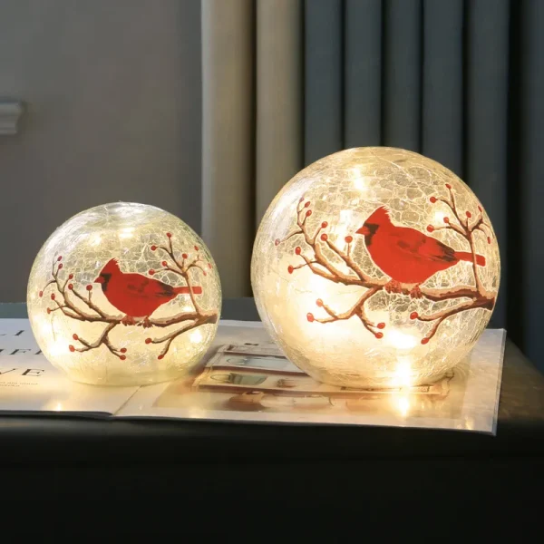 Kaowod Large Crackle Glass Ball Cardinal Lamp, Light Up Red Cardinal Stained Glass Christmas Decor Accent Lamp, Lighted Red Bird Globe Glass Table