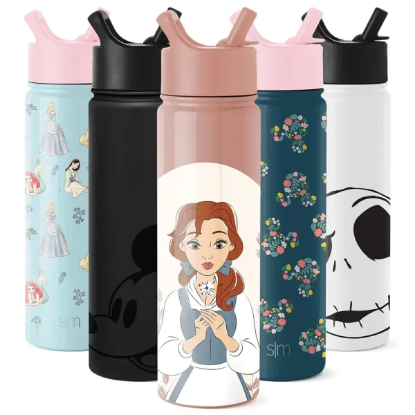 Simple Modern Disney Princess Water Bottle with Straw Lid Insulated Stainless Steel Thermos | Leak Proof Flask | Summit | 22oz Belle On Mauve