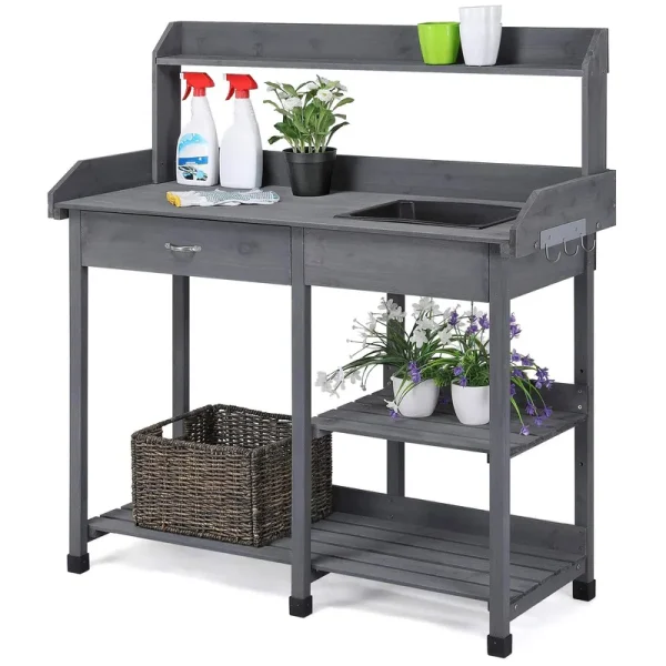 Yaheetech Outdoor Potting Bench Table Potters Benches Garden Workstation for Horticulture with Drawer/Adjustable Shelf Rack/Removable Sink/Hooks