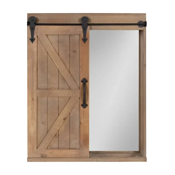 Kate and Laurel Cates Wood Wall Storage Cabinet with Vanity Mirror and Sliding Barn Door Rustic Brown