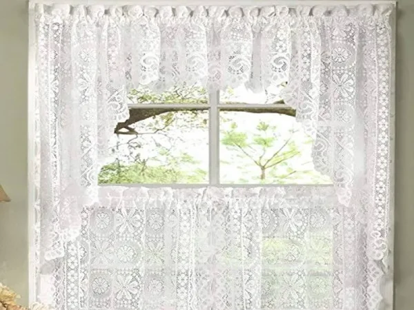 Sweet Home Collection Old World Style Floral Heavy Lace Kitchen Curtain Swag Pair, Hopewell White