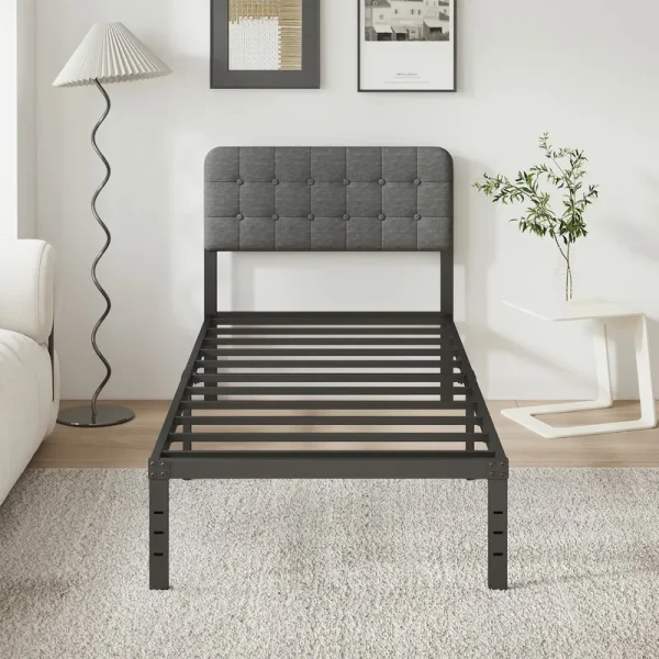 Maenizi Twin XL Bed Frames with Upholstered Headboard, 18 in Twin XL Metal Bed Frame No Box Spring Needed, Heavy Duty Metal Slats, Noise Free, Easy Assemble, Grey