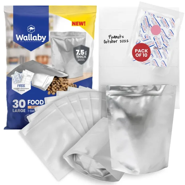 Wallaby 1-Gallon Gusset Mylar Bag Bundle - 30X Stand-up Zipper Pouches, 30X 400cc Oxygen Absorbers, 30X Labels - Heat Sealable & Food Safe - Silver