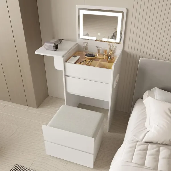 Vanity Desk with Flip Top Lighted Mirror, Compact Makeup Table with Storage Stool, Integrated Vanity with Drawers, 3 - in - 1 Vanity Set, Small Dressing Desk for Bedroom