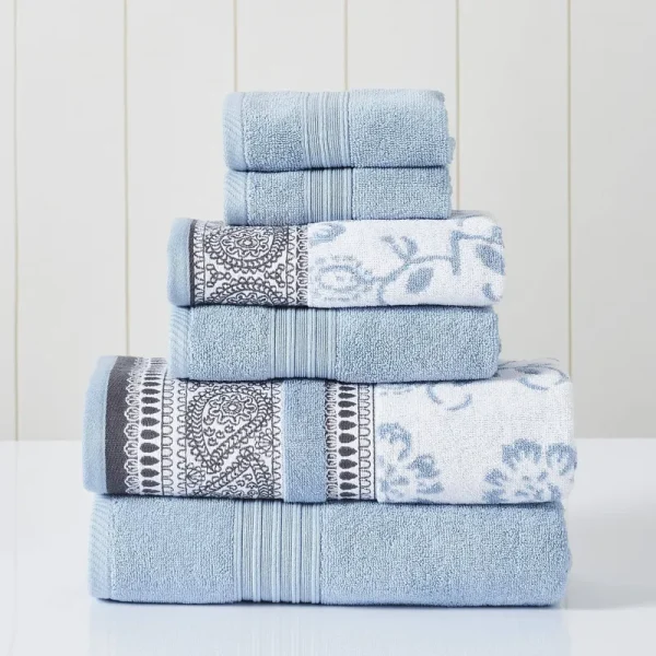 Modern Threads 6 Piece Yarn Dyed Jacquard/Solid Towel Set, Ophelia, Blue