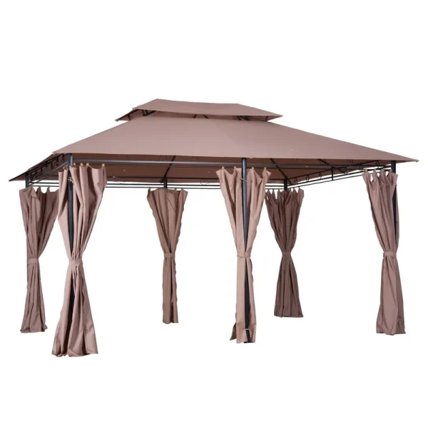 Outsunny 10' x 13' 2-Tier Steel Outdoor Garden Gazebo with Vented Soft Top Canopy and Removable Curtains Khaki