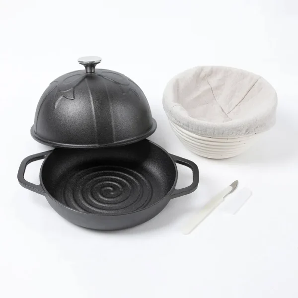 HAWOK Cast Iron Bread Cloche, Dia. 7.8inch/20cm, with Proofing Basket and Dough Scoring Knife, Sourdough Baking Pan Pre-Seasoned Black