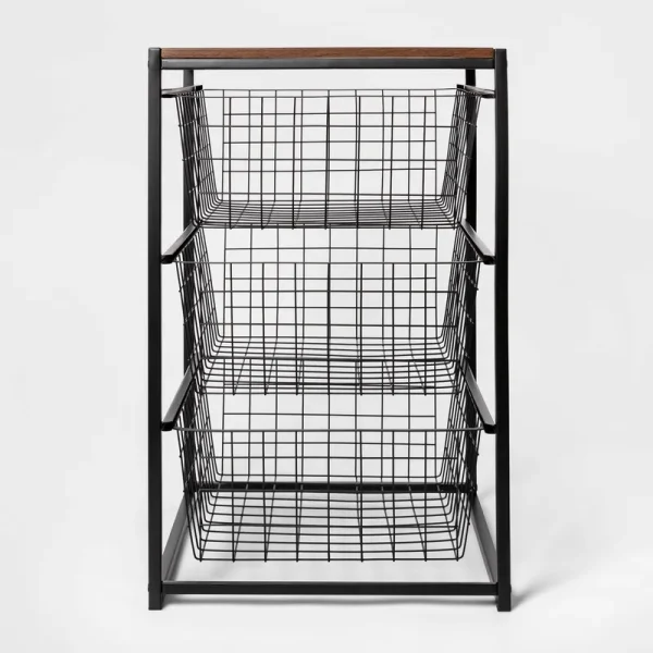 3 Drawer Organizer Black Metal with Walnut Wood - Brightroom