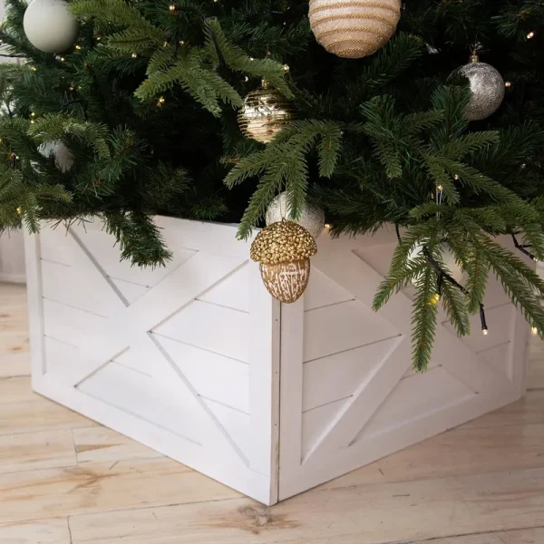 Hallops Wooden Tree Collar Box - Christmas Tree Farmhouse Rustic Decor Vintage Weathered Wood Decoration (Standard, White)