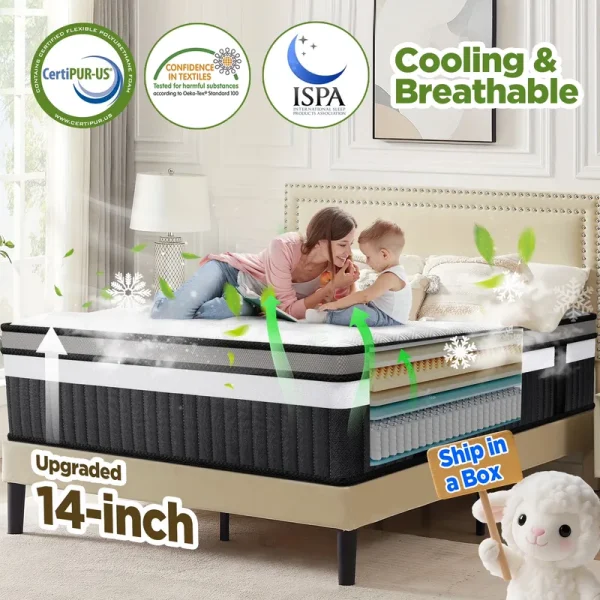 Qvamodo 14 in Hybrid King Mattress - Medium Firm King Size Bed in a Box - Certipur - US Certified Memory Foam, King Size Mattress for Pressure Relief, Cooling Sleep, and Motion Isolation