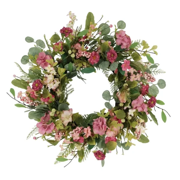 Puleo International 24 inch Artificial Chrysanthemum and Hydrangea Floral Spring Wreath, Pink