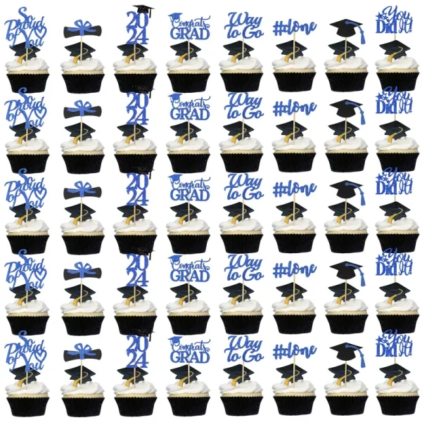 Graduation Cupcake Toppers 2022 Blue, Glitter Class of 2022 Cupcake Toppers Supplies, Class of 2022 Congrats Grad Cap Diploma Cupcake Picks for