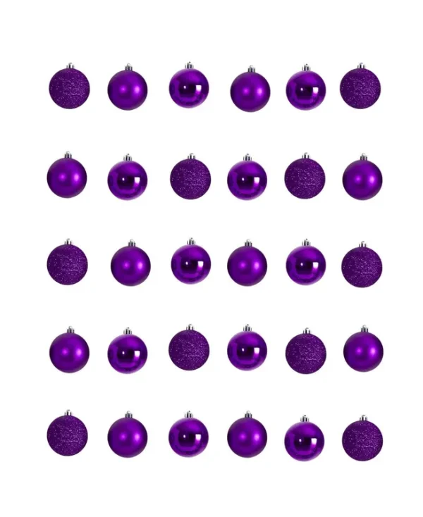 Nearly Natural Holiday Christmas 30 Count 2.5in. Shatterproof Ornament Set with Re-Useable Storage Container, Purple