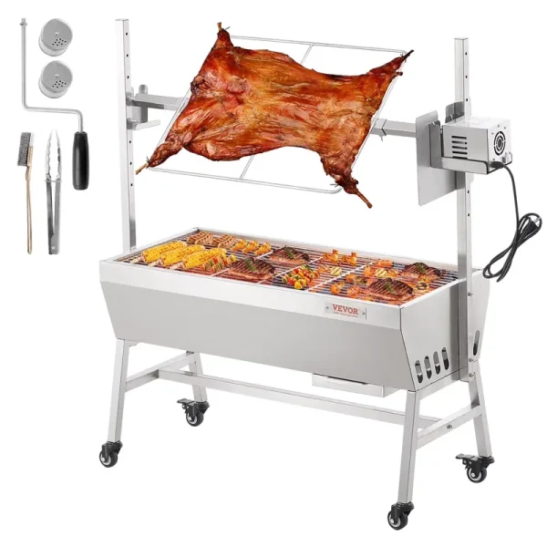 VEVOR Upgrade Rotisserie Grill, 35 in 90 lb Capacity, BBQ Whole Pig Lamb Goat Charcoal Spit Grill, Electric 42W Motor Stainless Steel Rotisserie Roaster with Lockable Wheels, for Camping Outdoor
