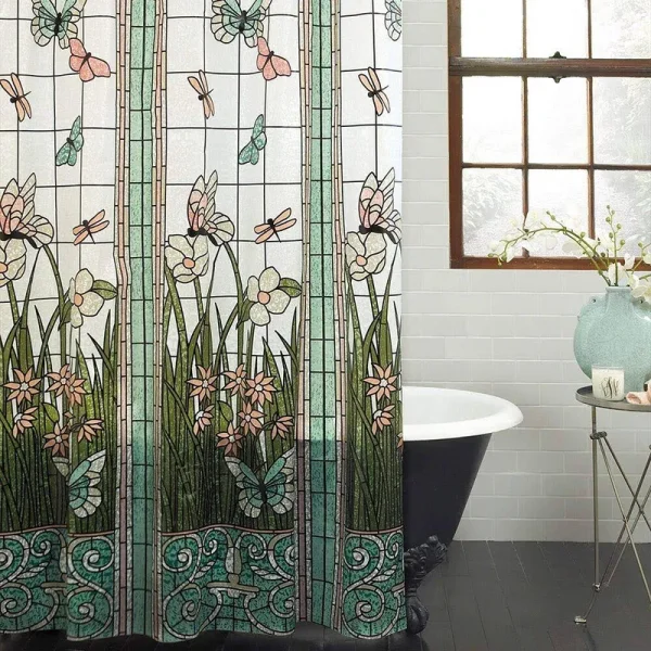 Crystal Emotion Flower Dragonfly Waterproof Bathroom Fabric Shower Curtain Bath Curtain 48x72inch Small Stall Size