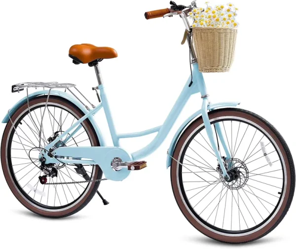 26" Beach Cruisers for Women, Pipleo Bikes for Women with Rattan Basket, 7 - Speed & Step - Through Frame