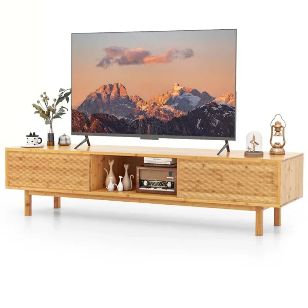 63" Bamboo TV Stand for Up to 70" TVs, Mid Century Modern Entertainment Center Media Console with Sliding Doors & 3 Storage Cubbies for Living Room