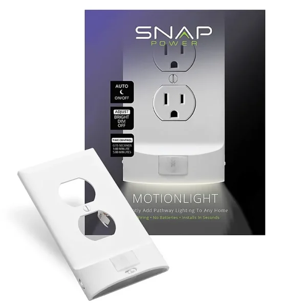 SnapPower MotionLight for Duplex Outlets: Built-In LED Night Lights, Motion Detecting Sensor, Bright/Dim/Off Options Wall Plate - White (2 Pack)
