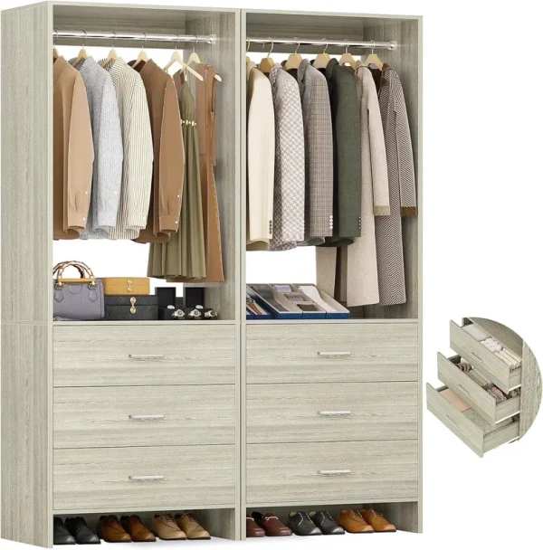 Homieasy Closet System Closet Organizer, Wood Closet Organizer System, Walk - in Closet or Small Closets Wardrobe, Clothes Rack with Hanging Rods, 4FT Closets, Set of 2, White Oak