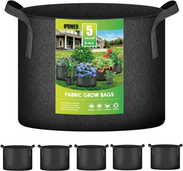 iPower 5-Pack 5 Gallon Grow Bags Nonwoven Fabric Pots Aeration Container with Strap Handles for Garden and Planting, Black
