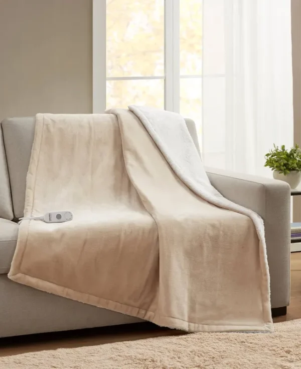 Closeout! Premier Comfort Heated Plush to Sherpa Throw - Brown