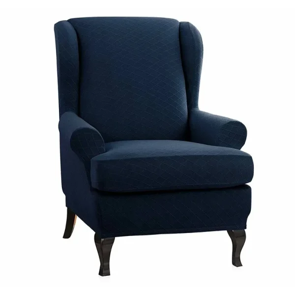 Super Stretch T-Cushion Wingback Slipcover Red Barrel Studio Upholstery Color Dark Blue