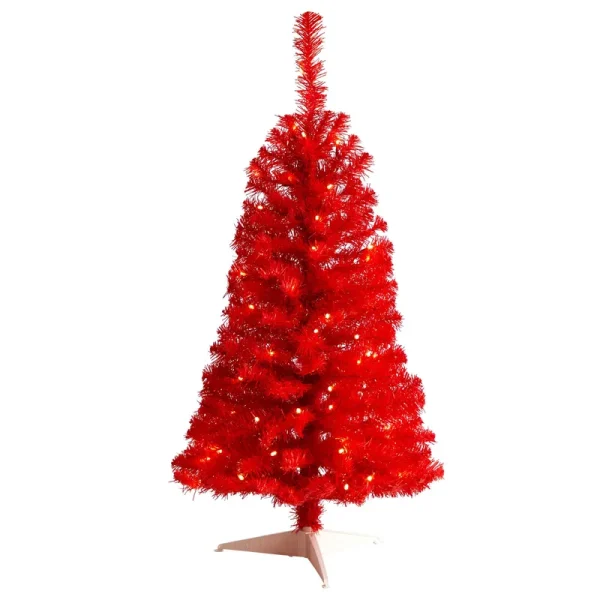 Nearly Natural 3ft Red Artificial Christmas Tree with 50 LED Lights and 118 Bendable Branches