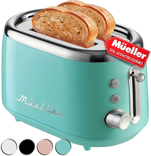 Mueller Retro Toaster 2 Slice with 7 Browning Levels and 3 Functions: Reheat, Defrost & Cancel, Stainless Steel Features, Removable Crumb Tray,
