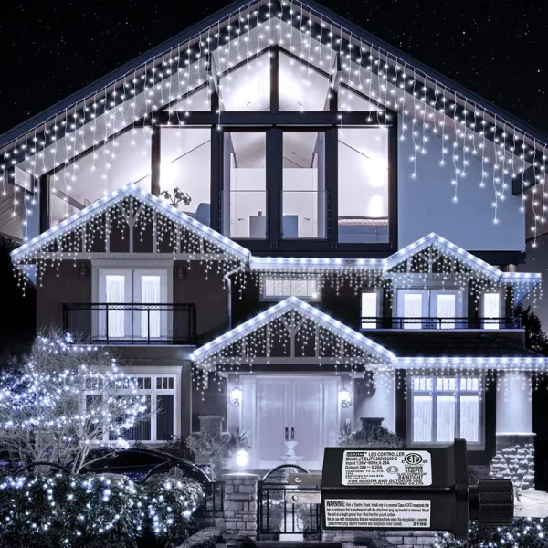 oopswow Icicle Lights Outdoor Decorations 300 LED 33ft 8 Modes Curtain Fairy String Light with 50 Drops, LED String Light Indoor for Wedding Party