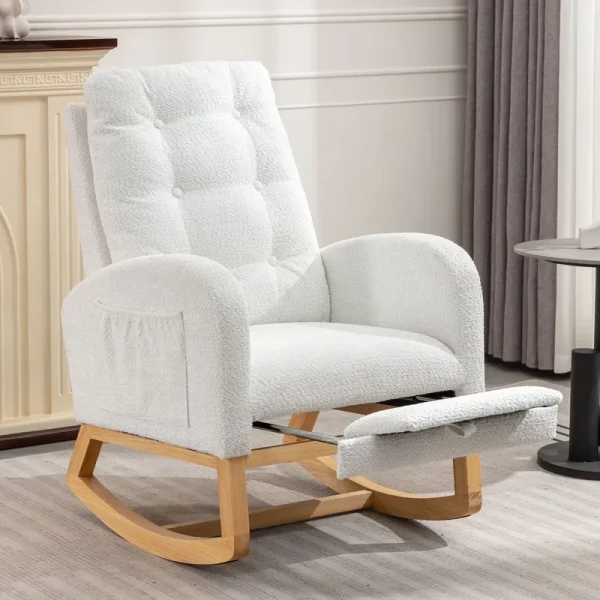 Modern Accent Rocking Chair with Pull - Out Footrest, Nursery Glider Chair with Solid Wood Legs & Side Pocket, Upholstered Lounge Chair with High Backrest, White