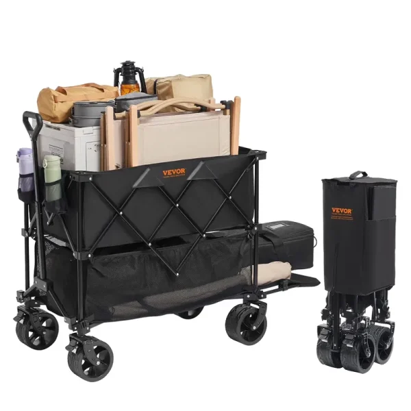 VEVOR Foldable Double Decker Wagon, 400 L Collapsible Wagon Cart with All - Terrain Wheels, Heavy Duty Folding Wagon Cart 350 - 450 lb Weight Capacity for Camping, Shopping, Garden, 52" Extra Long Extender