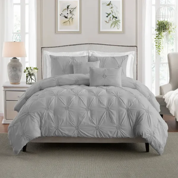 Swift Home Floral Pintuck Comforter Set, Grey, Twin