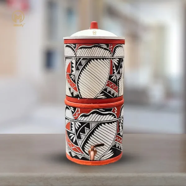 Mittify Handmade Clay Water Filter with Lid & Metal Tap | Earthen Harp Design Water Filter | Eco - Friendly Clay Filter (676 oz/20 L)