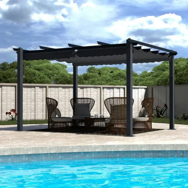 Veikous 10 ft. x 13 ft. Dark Grey Aluminum Outdoor Patio Pergola with Retractable Sun Shade Canopy Cover, Gray