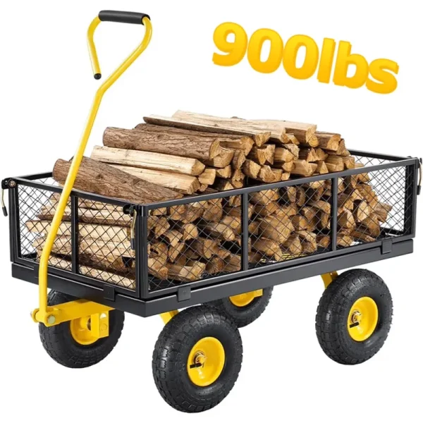 MAXVINI 900 lb Heavy Duty Steel Garden Cart, Garden Wagon Cart on Wheels, Outdoor Metal Yard Utility Wagon Carts with 10" Tires and Mesh Removable Sides(Convert to Flatbed) and 180rotating Handle