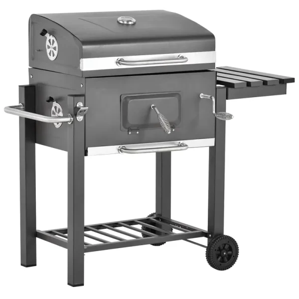 Outsunny Portable Charcoal Grill, Stainless Steel, Thermometer and Side Burner, Gray