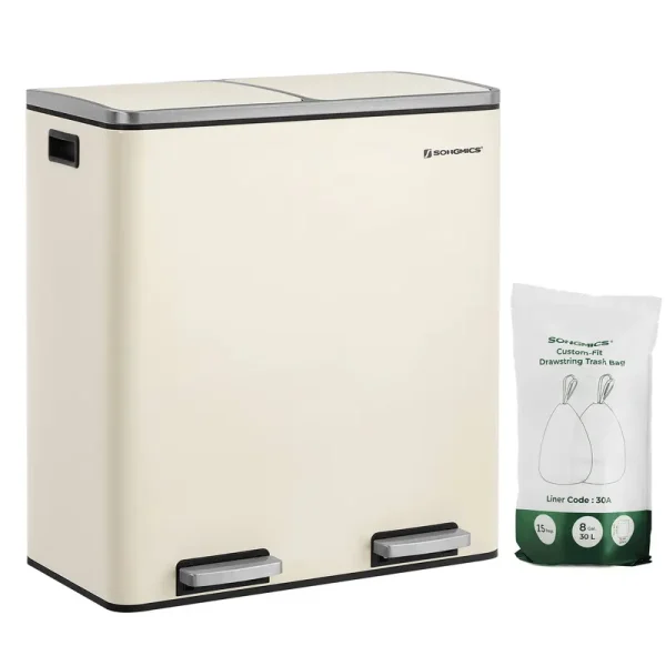 SONGMICS Dual Trash Can 16 Gal 60L Rubbish Bin 15 Trash Bags Cloud White