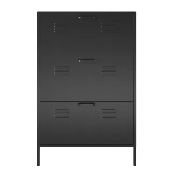 RealRooms Shadwick 3 Door Locker Style Metal Shoe Storage Cabinet, Black