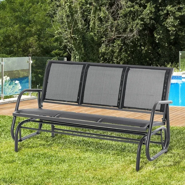 Outsunny Patio Glider Bench, Outdoor Porch Glider Swing with 3 Seats, Breathable Mesh Fabric, Metal Frame, Black